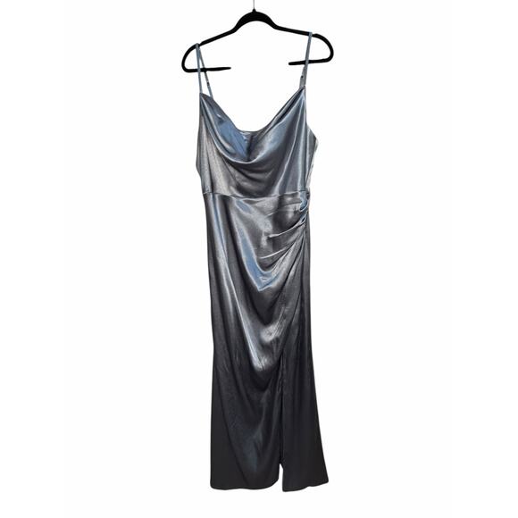 JJ’s House Dusty Blue Metallic Satin Cowl Neck Evening Gown NWT – Size 16W - Picture 7 of 16